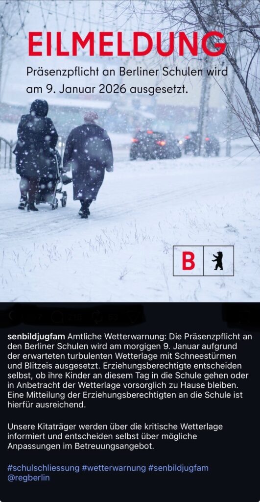 Präsenzpflicht an Berliner Schulen wird am 9. Januar 2026 wetterbedingt ausgesetzt.